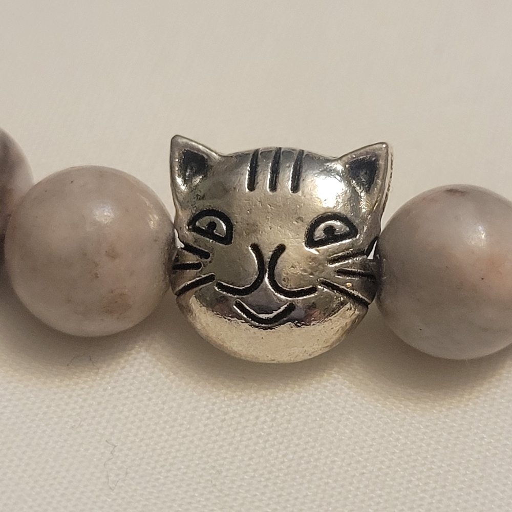 Natural Stone Stretch Bracelet w/ Cat Charm - Picture 3 of 4